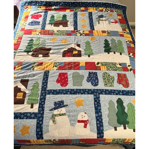 Handmade Other - Handmade Winter Christmas Patchwork Appliqué Quilt Twin Snowmen Cabins Bears Fun